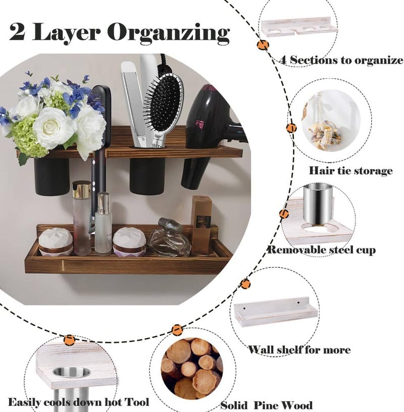 Ayxeute Wall-Mounted Hair Tool Organizer with Heat Resistance - Set of 2 Layer Rustic Blow Dryer Holder (Dark Brown) - Image 3
